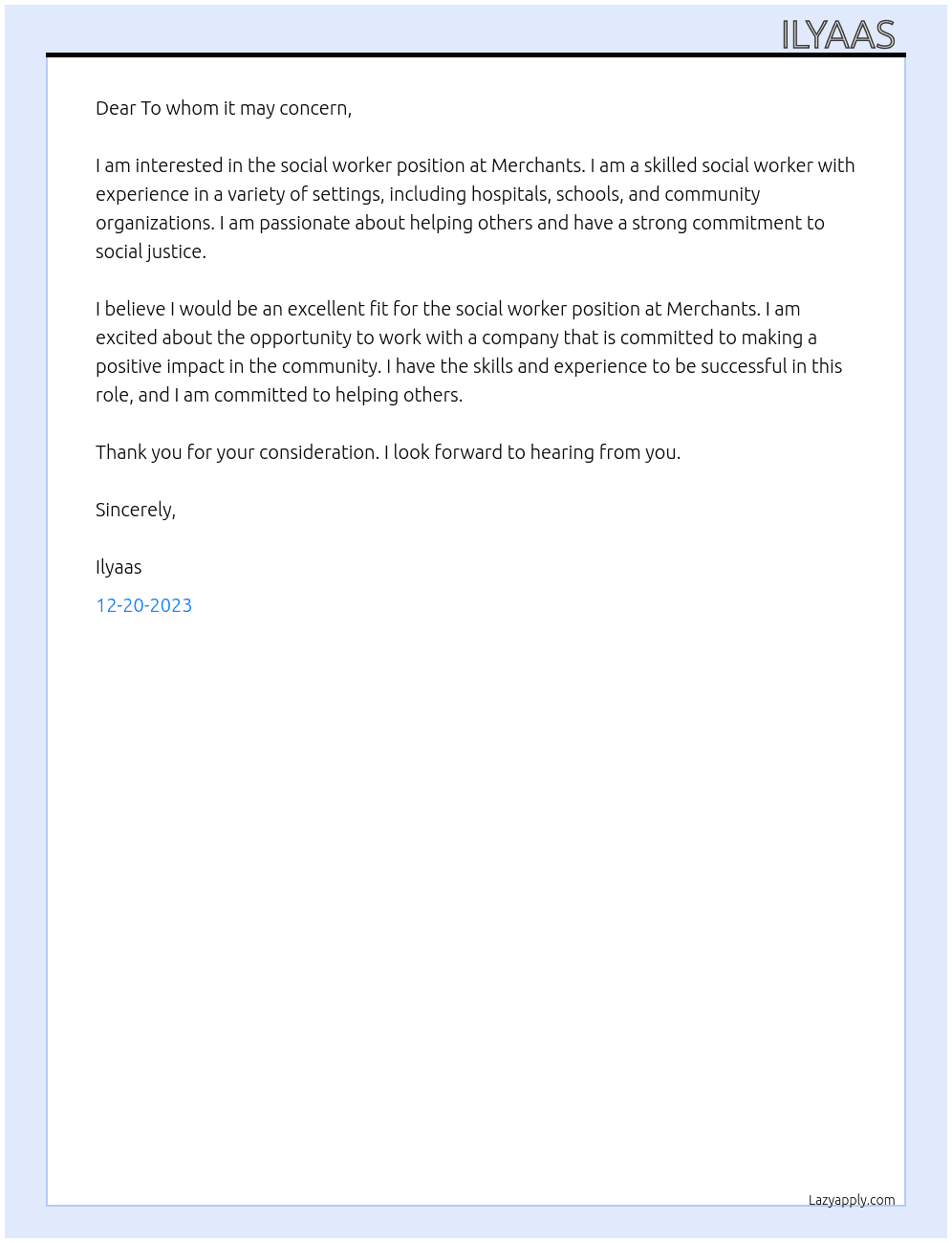 Social worker At merchants Cover Letter