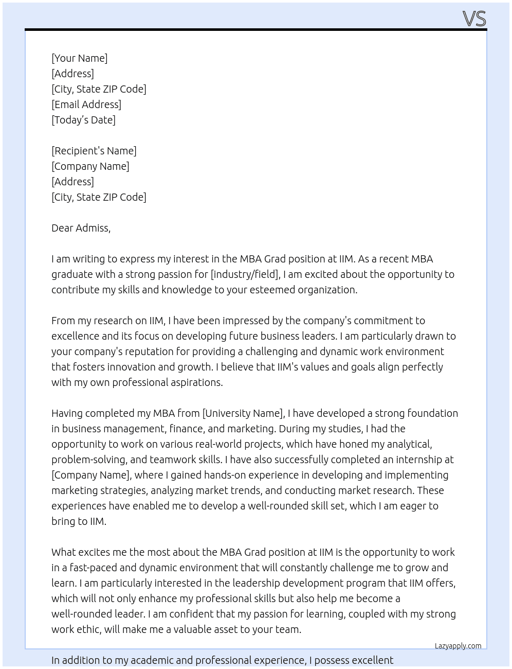Cover letter for mba grad - LazyApply