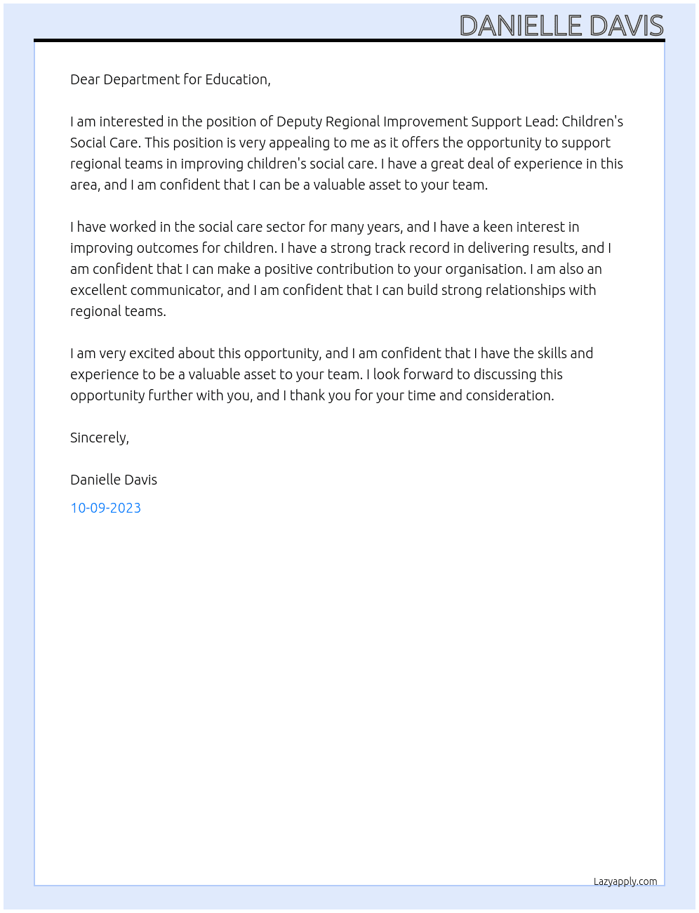 Deputy Regional Improvement Support Lead: Children's Social Care At Department for Education Cover Letter