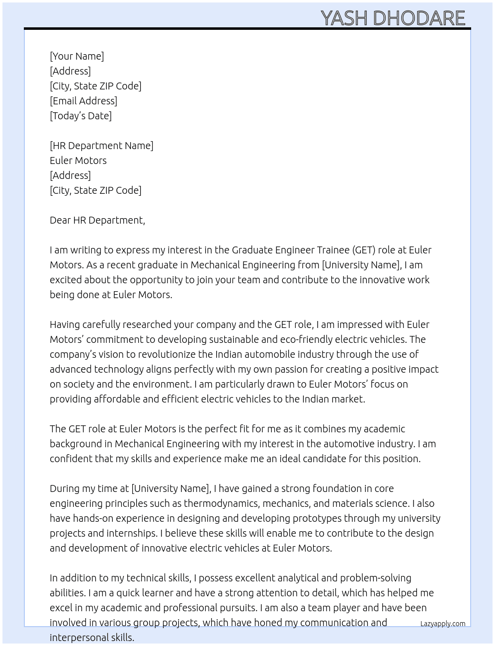 Graduate Engineer Trainee At Euler Motors Cover Letter