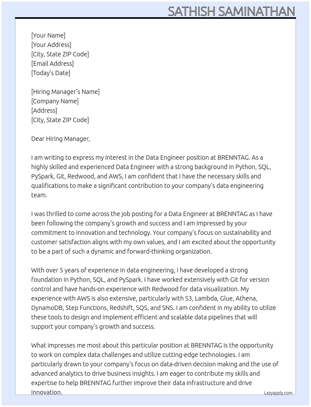 Data Engineer At BRENNTAG Cover Letter