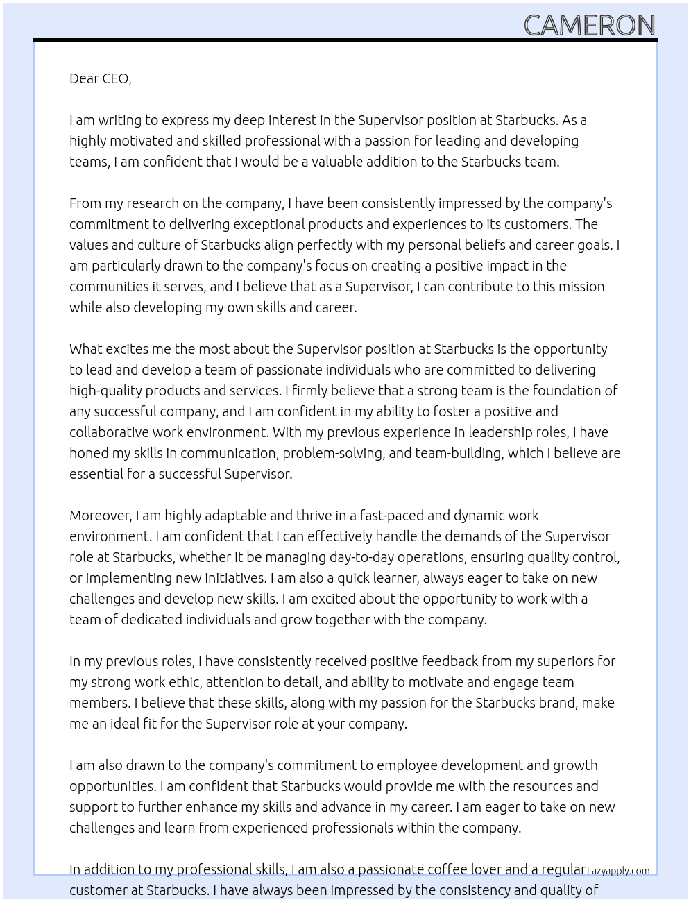 Supervisor At Starbucks Cover Letter