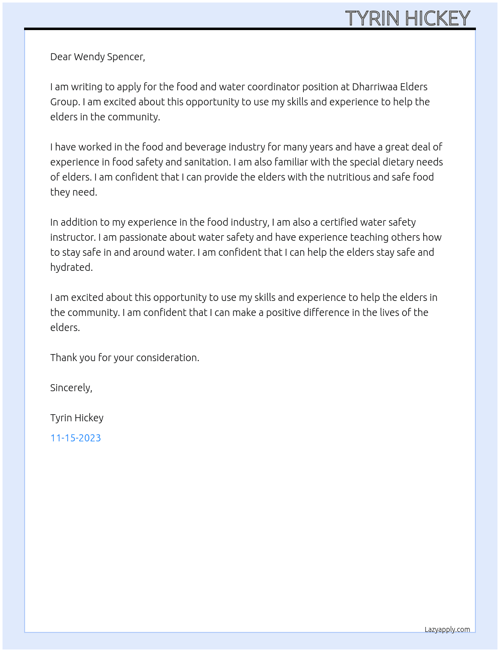 Food and water coordinator At Dharriwaa Elders Grou Cover Letter