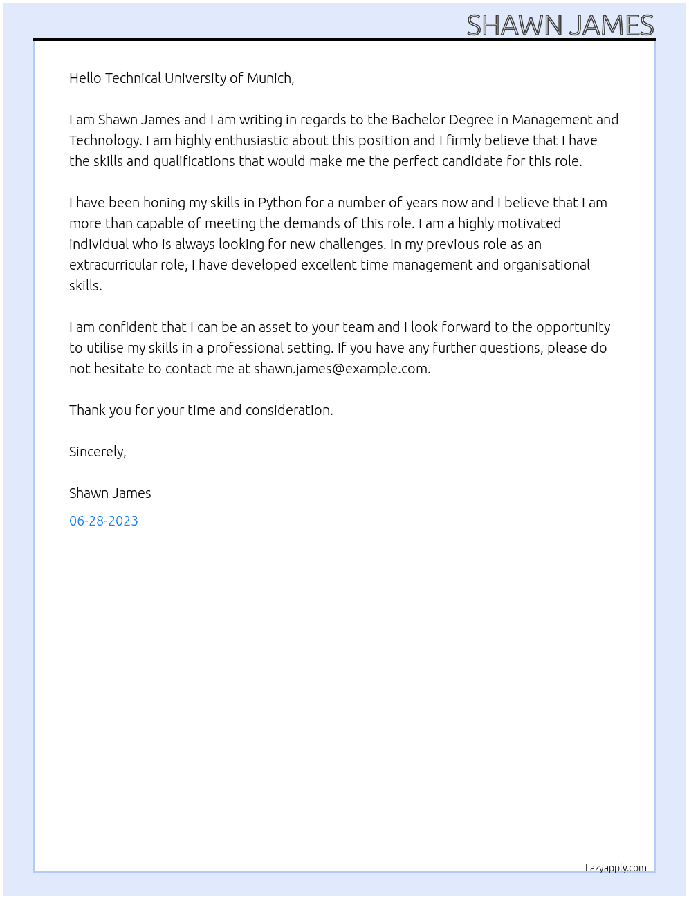 Student applying for Bachelor Degree in Management and Technology At Technical University of Munich Cover Letter