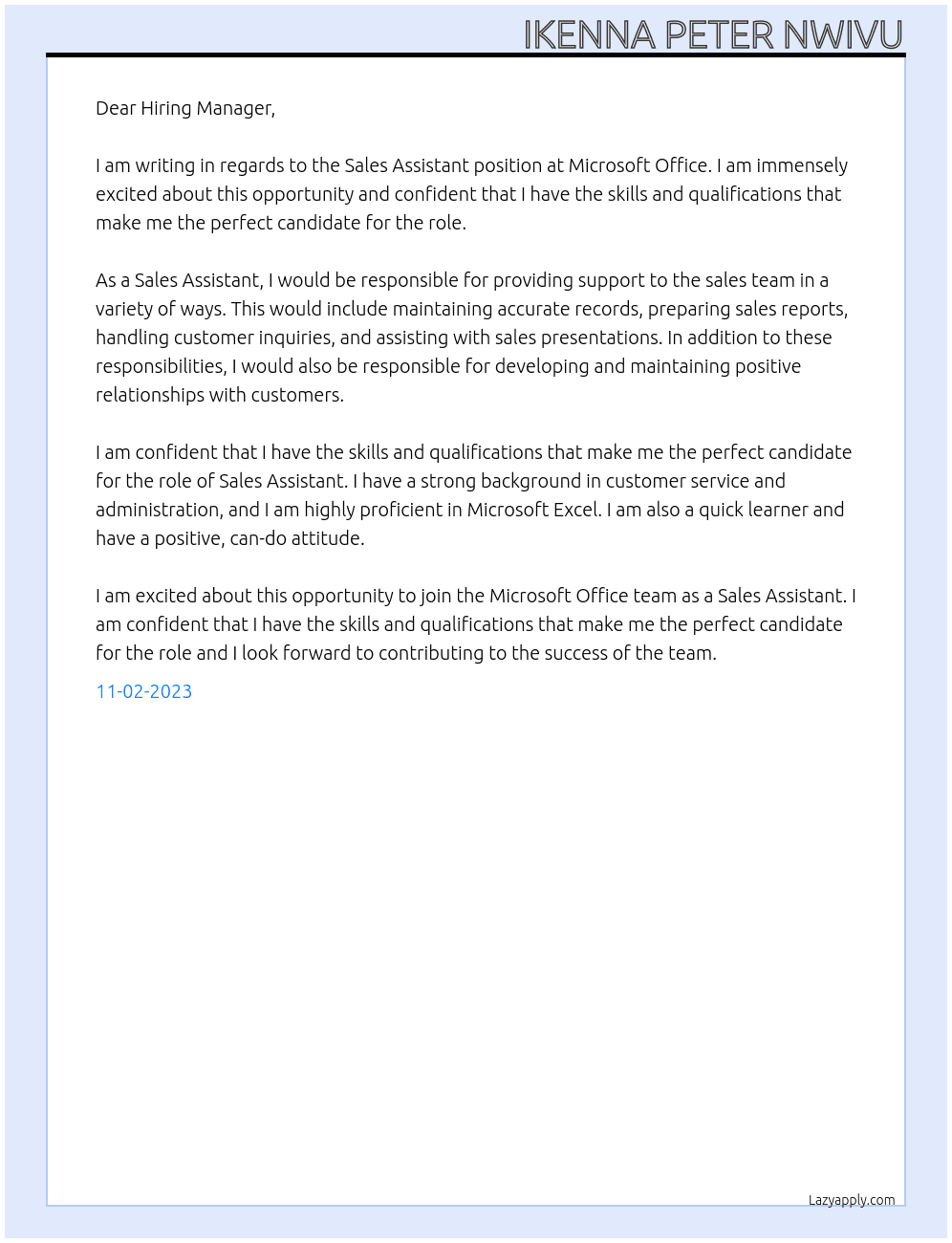 Sales assistant  At Microsoft office, Microsoft Excel  Cover Letter