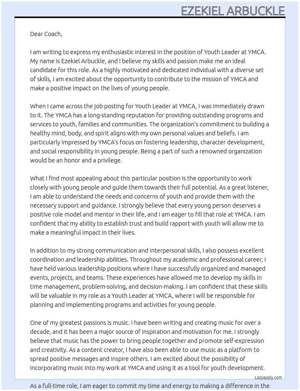 Youth leader  At YMCA Cover Letter