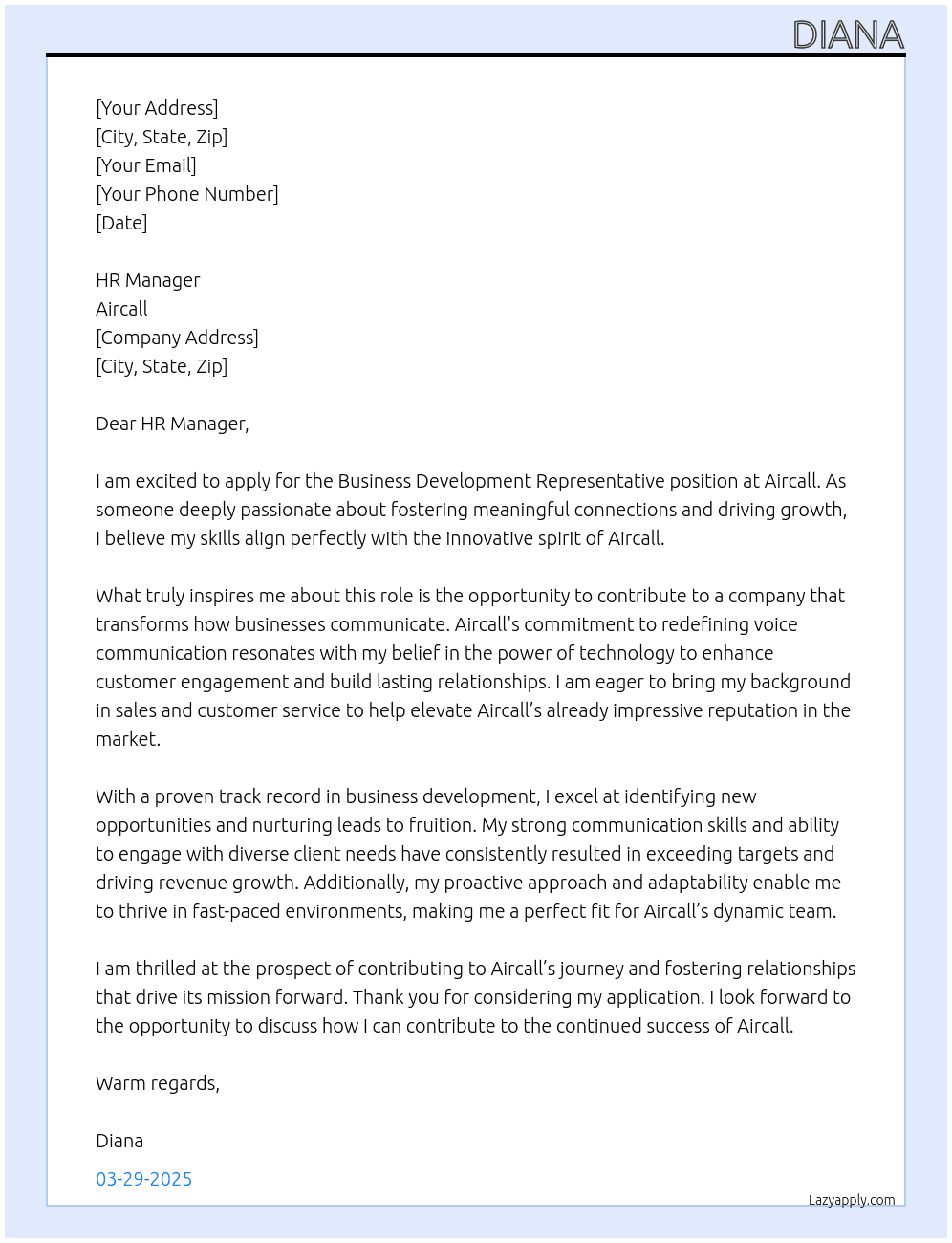 Business development representative  At Aircall  Cover Letter