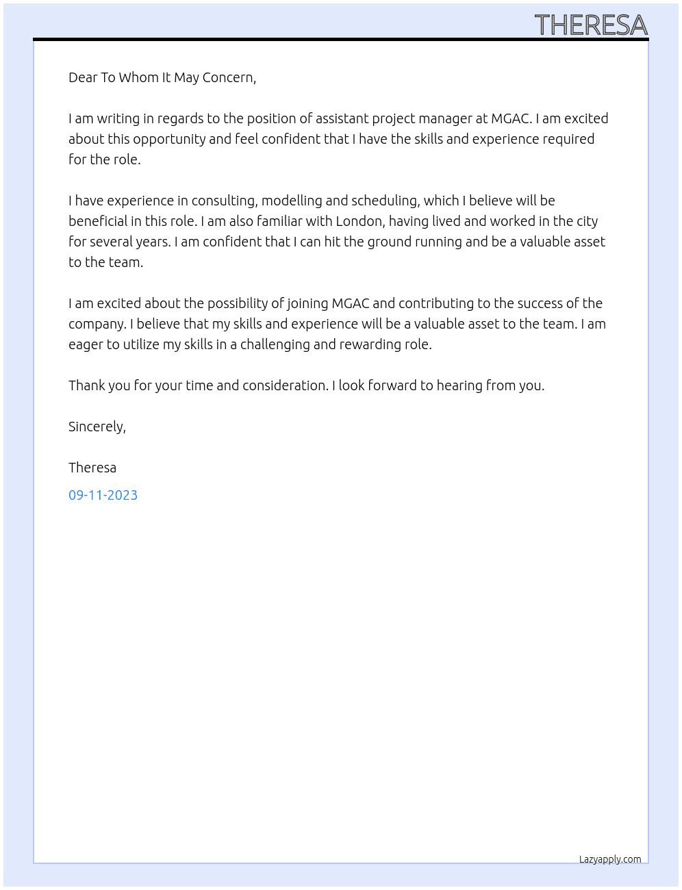 assisstant project manager At MGAC Cover Letter