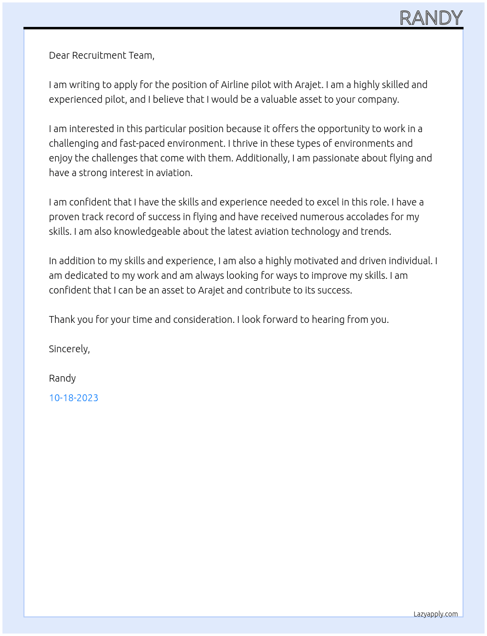 Airline pilot At Arajet Cover Letter