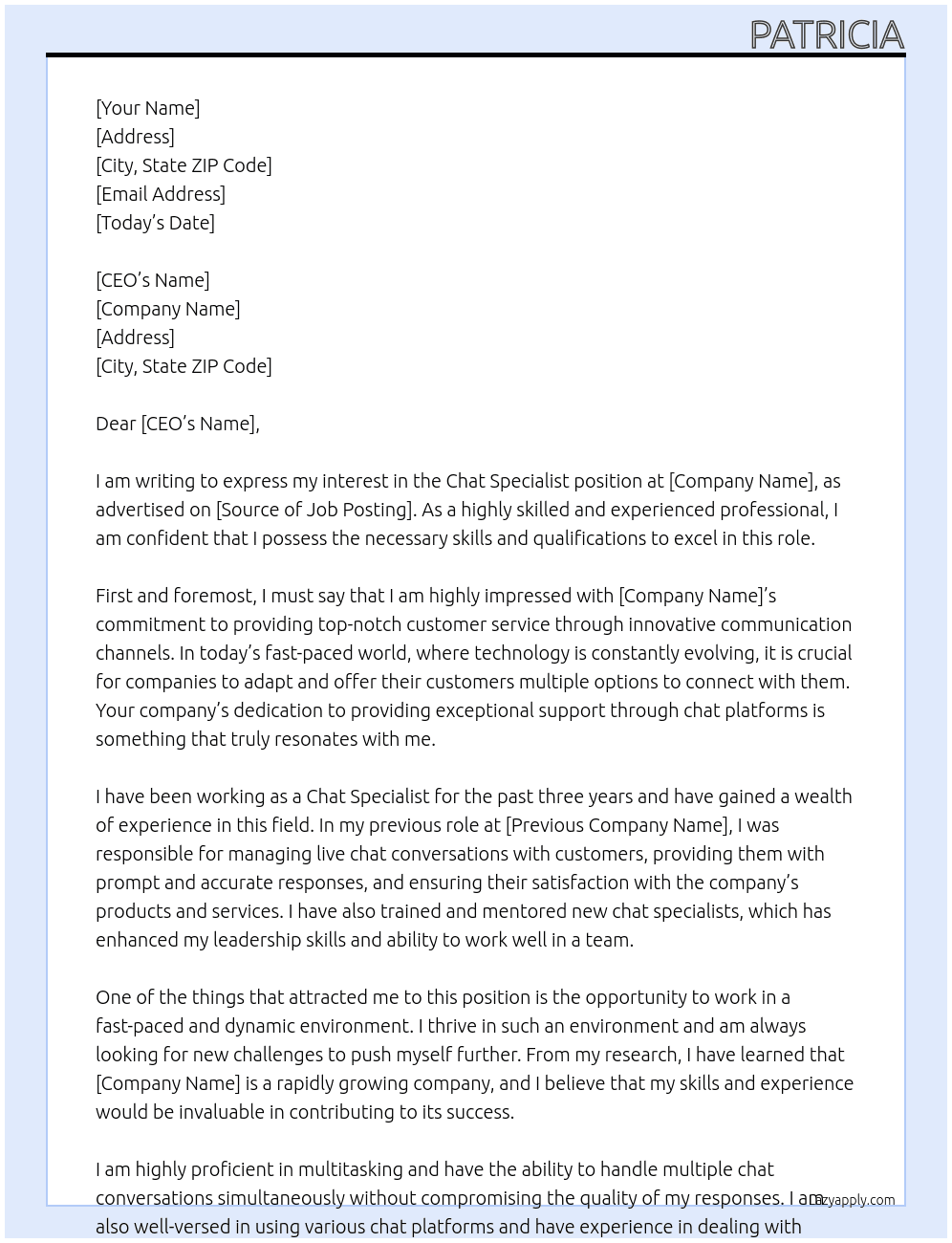 Chat Specialist  At Chat Specialist  Cover Letter