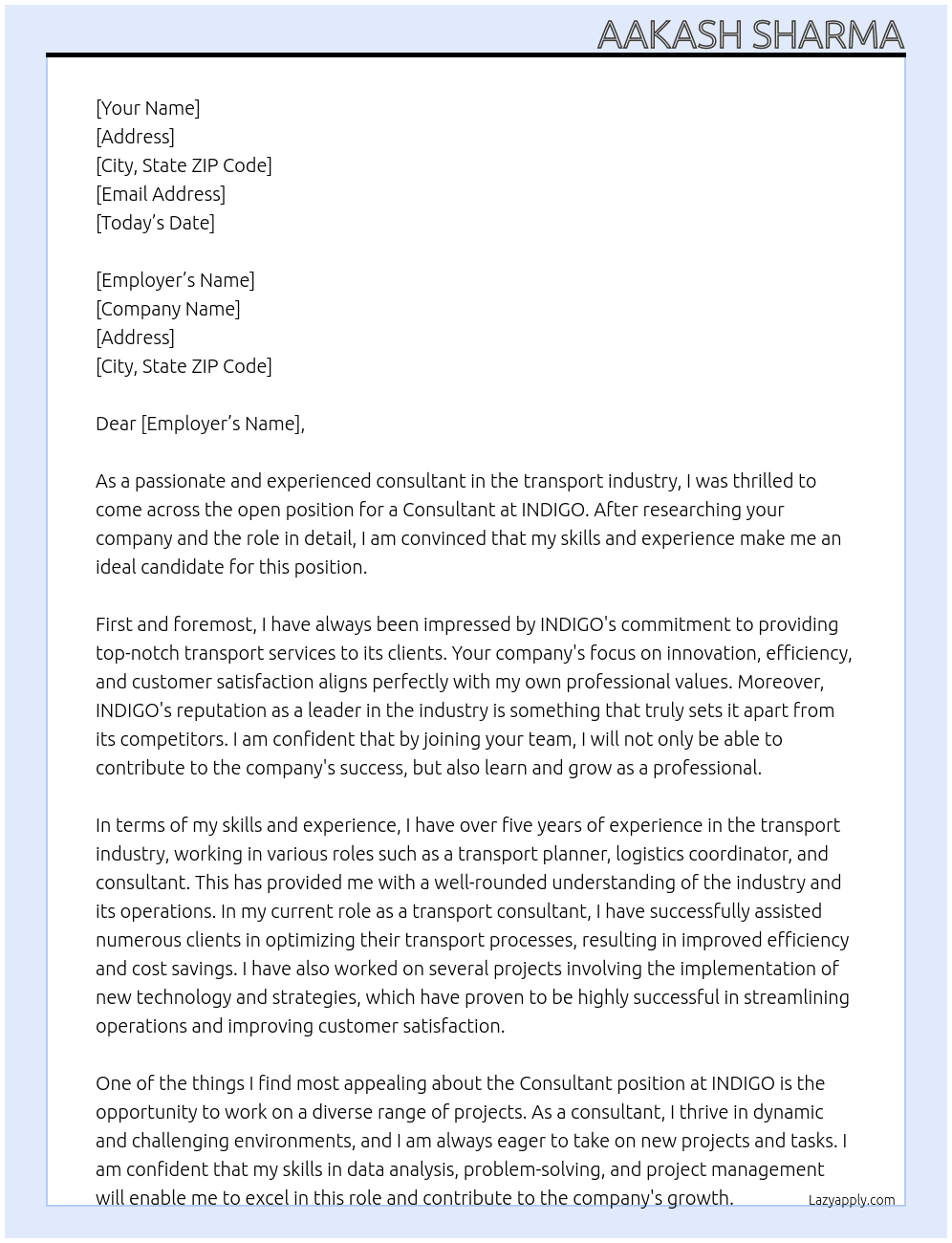 Cover letter for consultant - transport - LazyApply