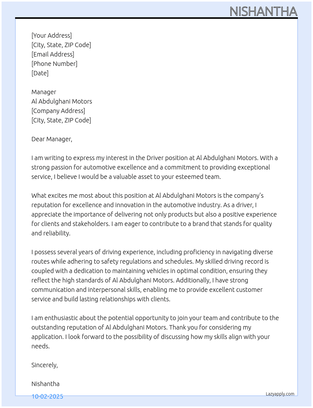 Driver At Al Abdulghani MOtors Cover Letter