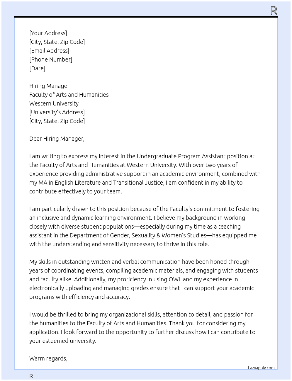 Cover letter for undergraduate program assistant - LazyApply