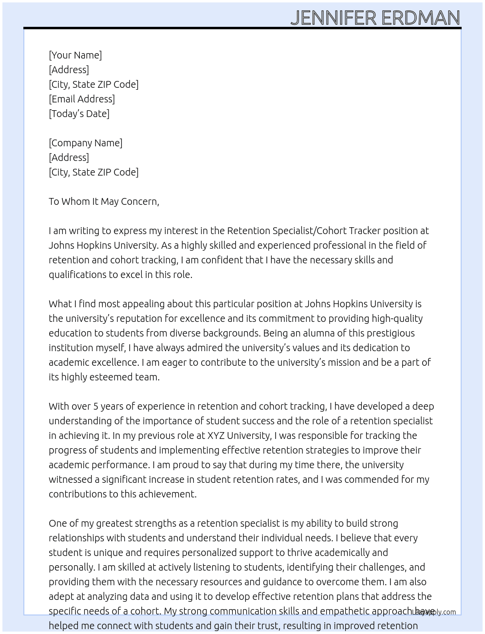 Retention Specialist/Cohort Tracker At Johns Hopkins University Cover Letter