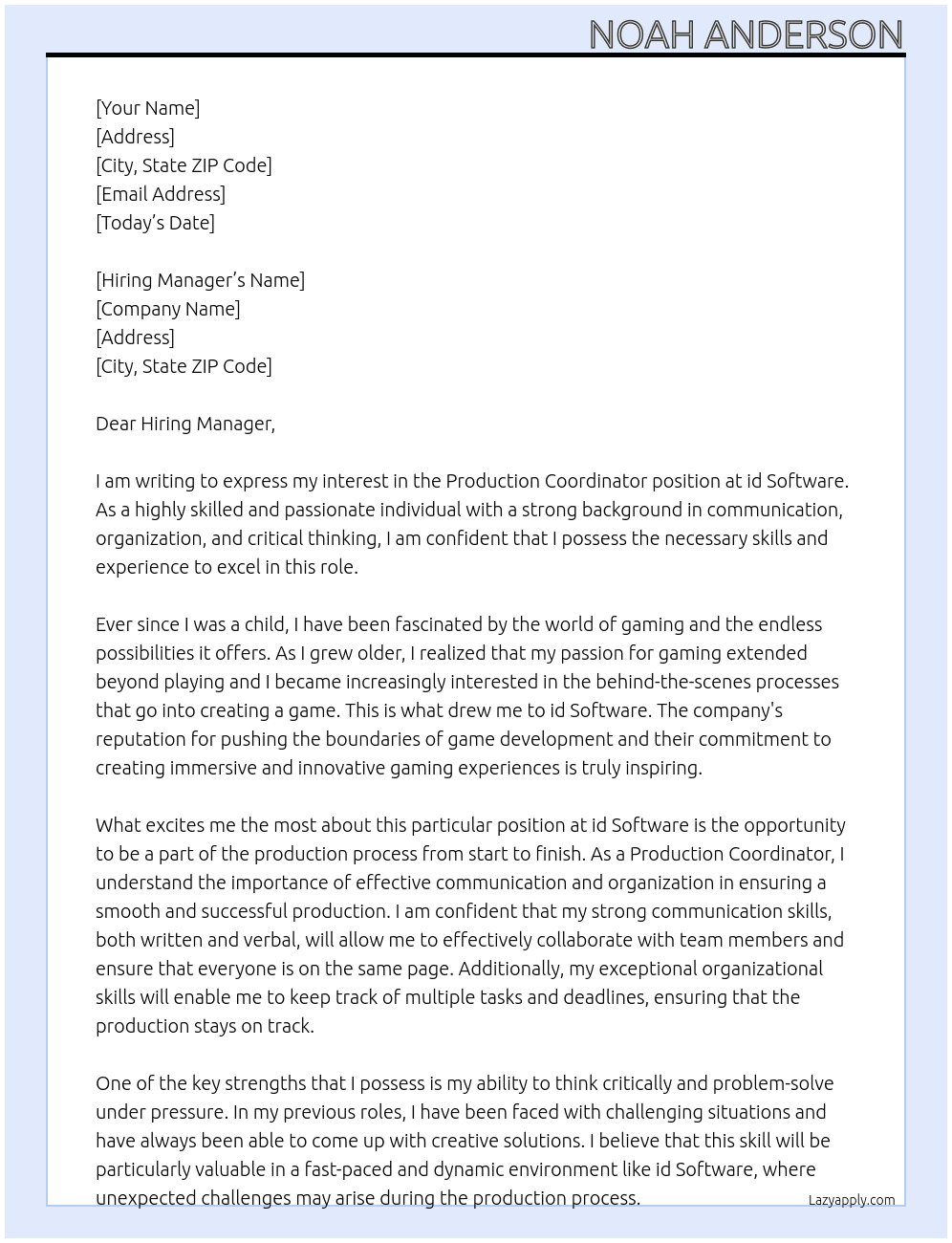 Production Coordinator At id Software Cover Letter