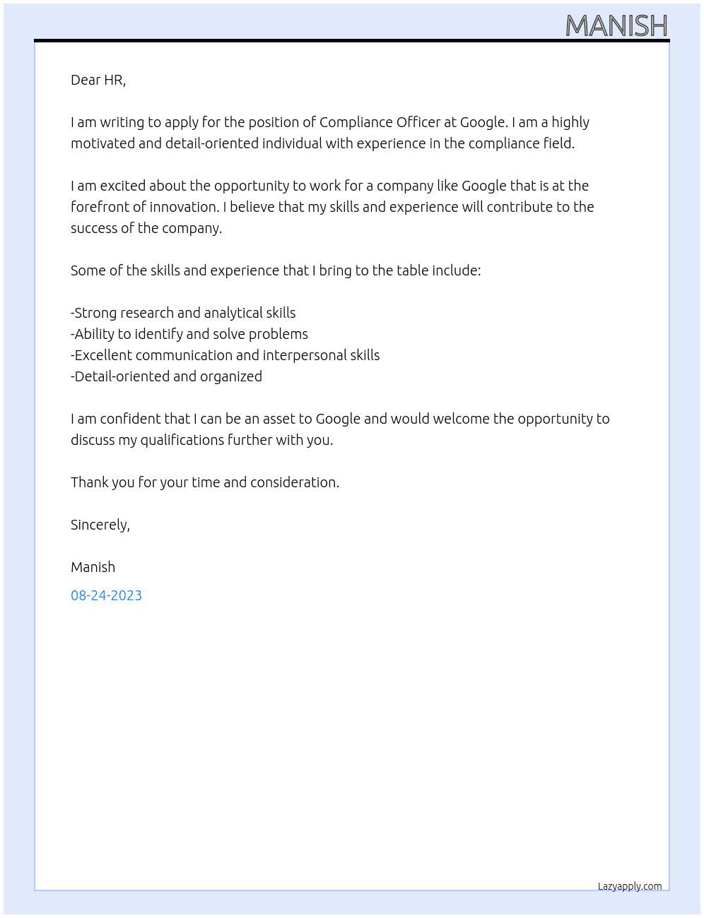 Compliance Officer At Google Cover Letter