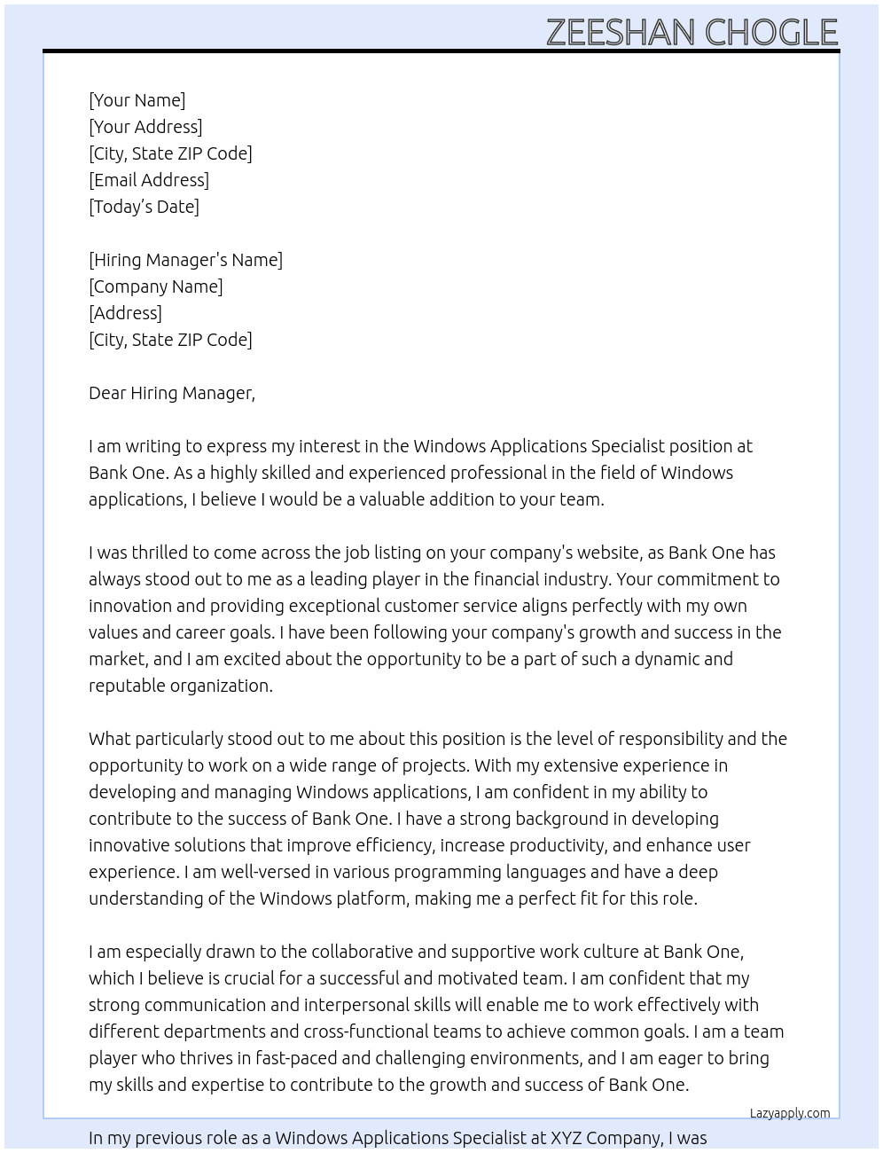 Windows applications specialist  At Bank one Cover Letter