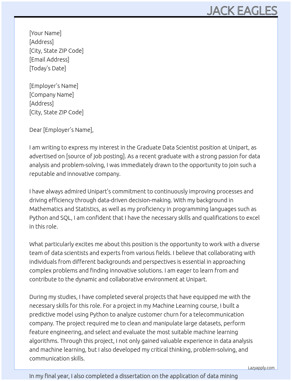 Graduate Data Scientist At Unipart Cover Letter