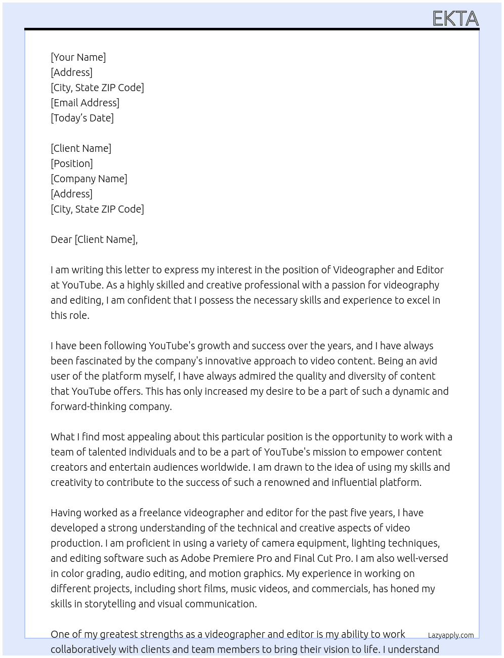 Videographer and editor  At YouTube  Cover Letter