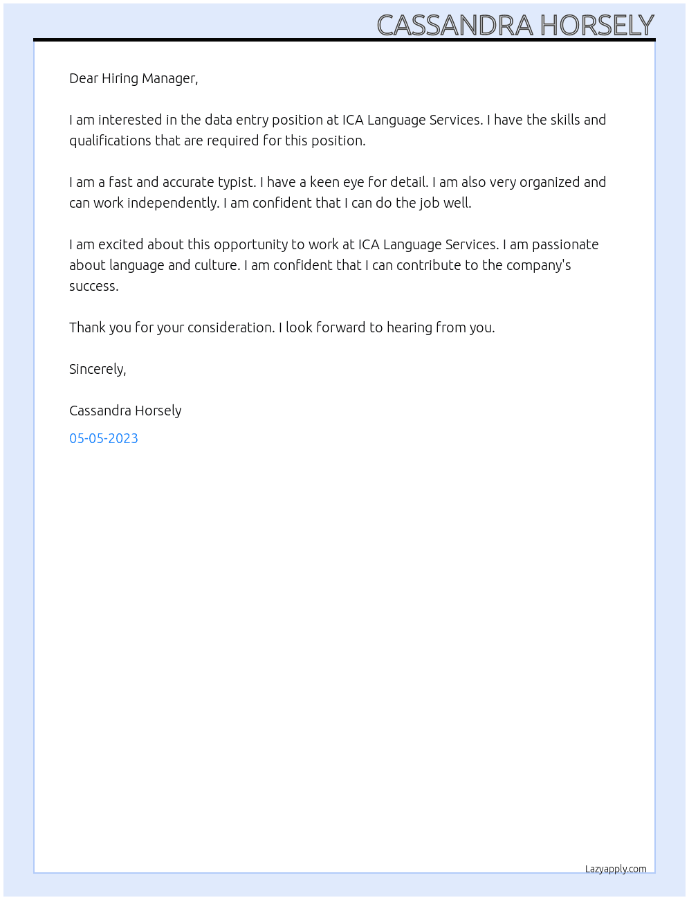 data entry At ICA Language Services Cover Letter