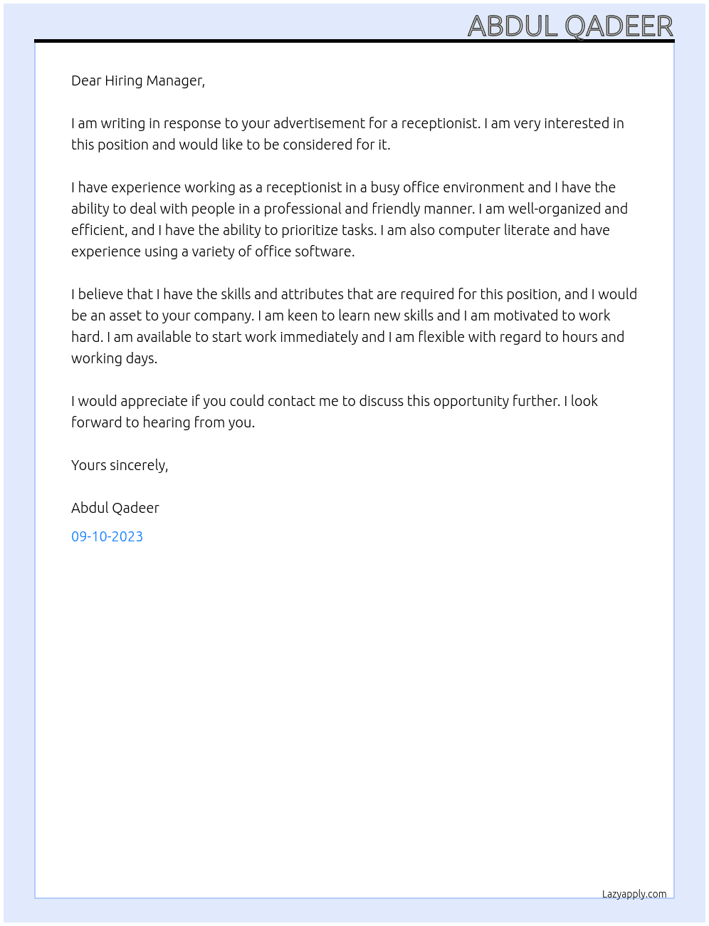 Receptionist  At TREHAN AND COMPANY   Cover Letter