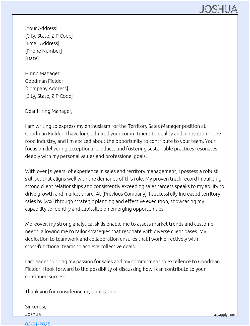 Territory Sales Manager At Goodman Fielder Cover Letter