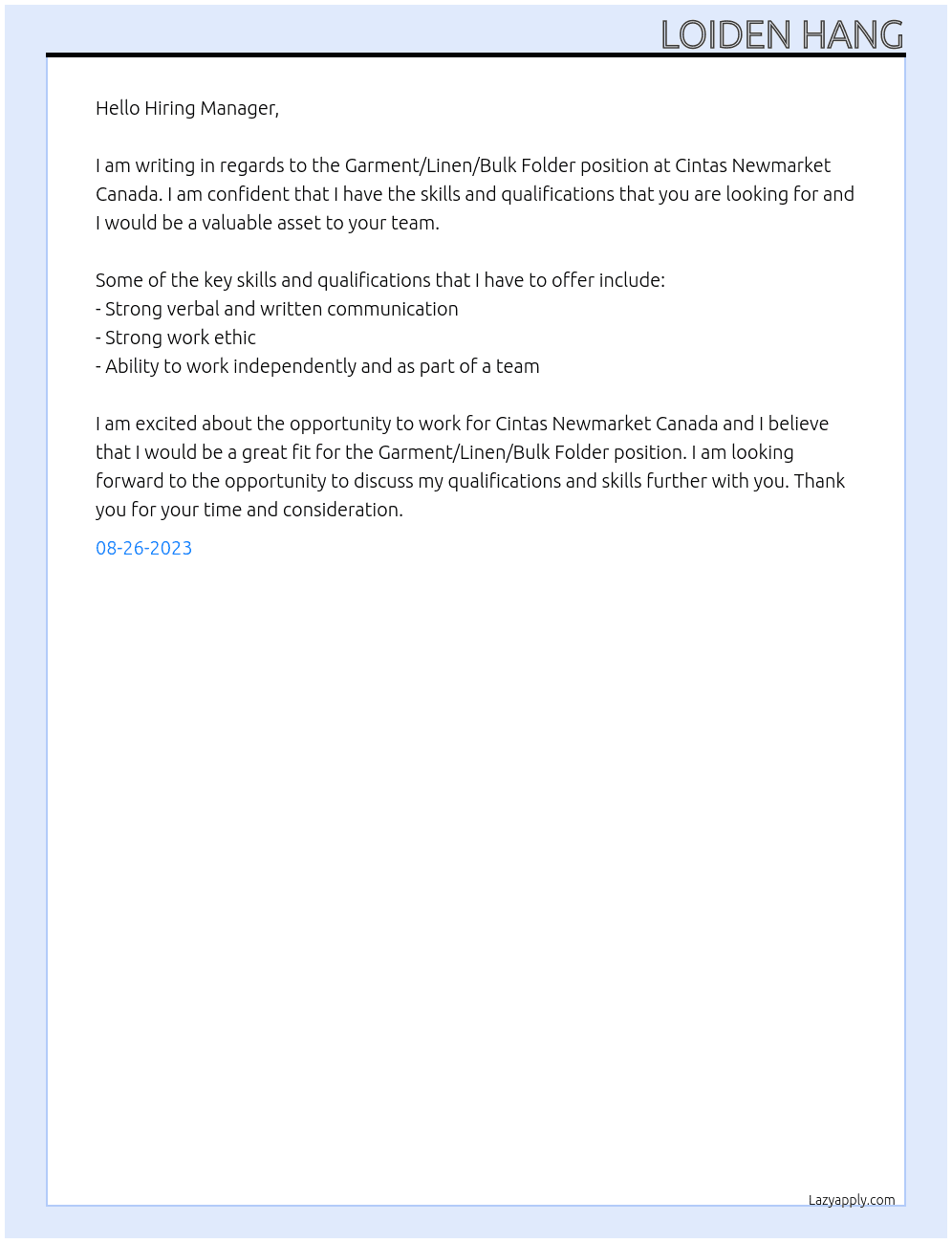  Garment/Linen/Bulk Folder At Cintas Newmarket Canada Cover Letter