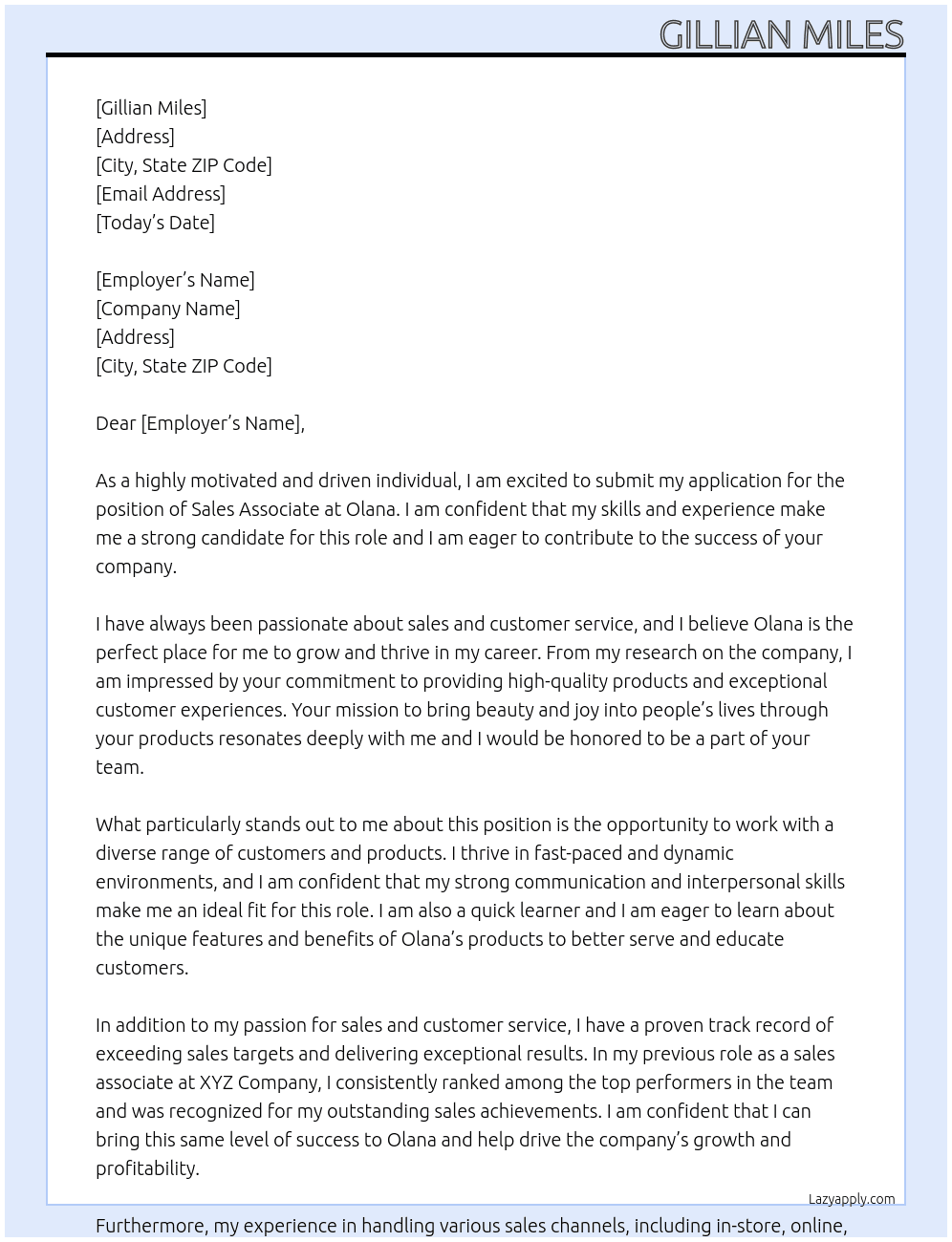 sales associate At Olana Cover Letter