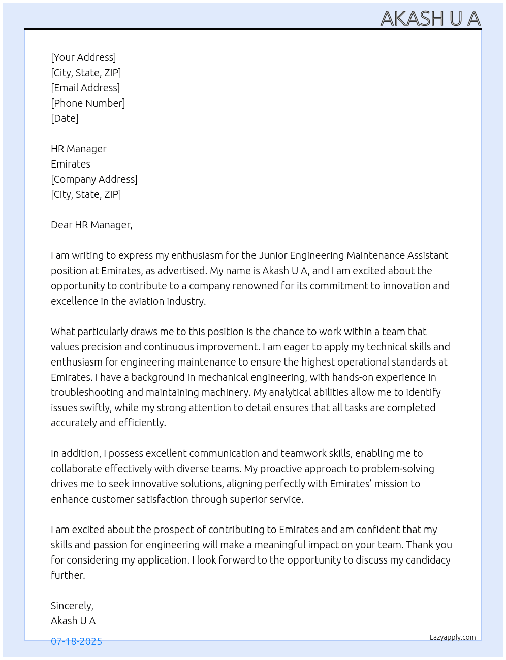 Junior Engineering Maintenance Assistant At emirates Cover Letter