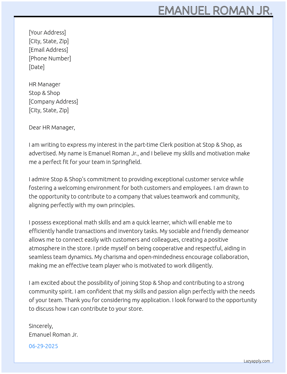 Clerk At Stop & Shop Cover Letter