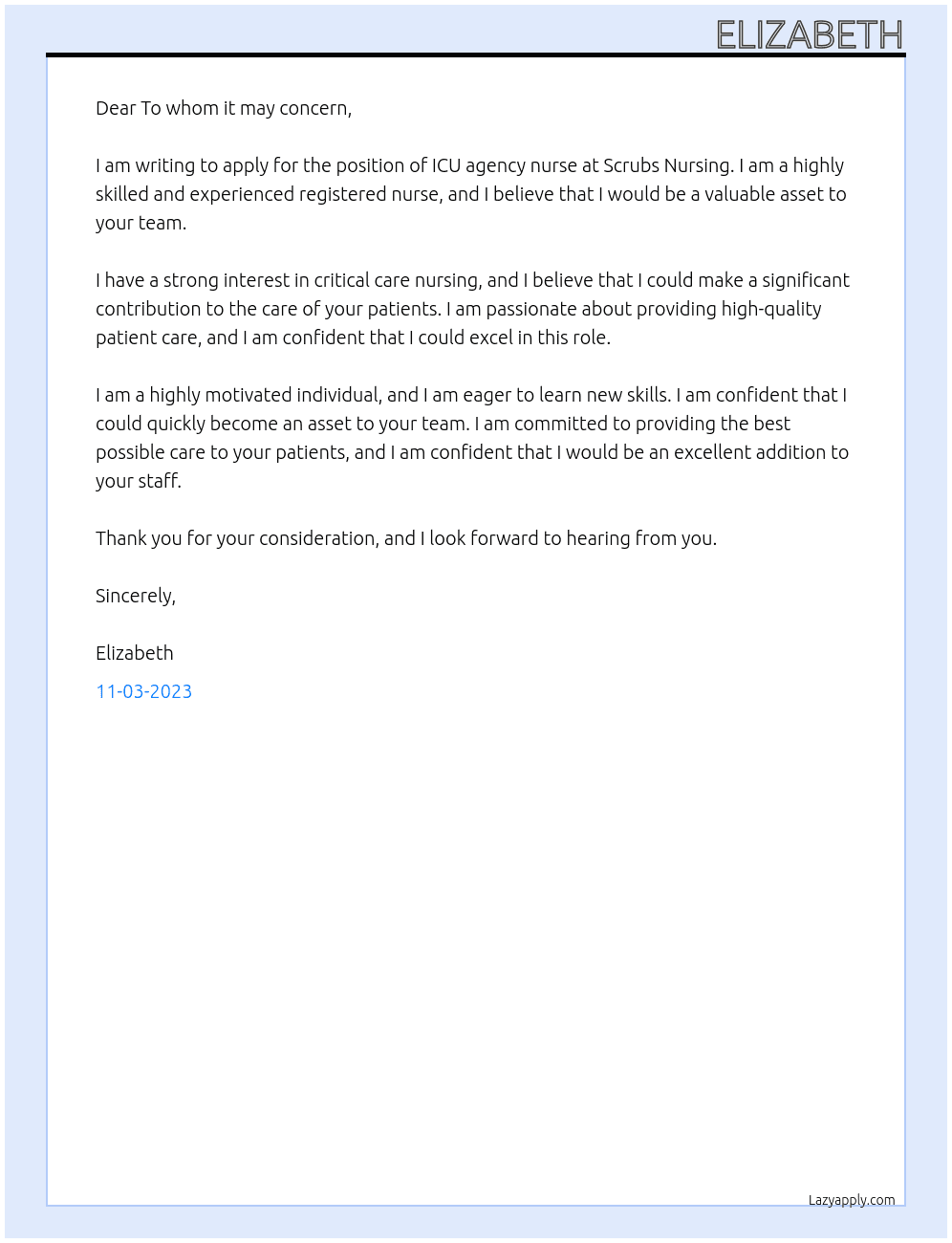 ICU agency nurse At Scrubs Nursing Cover Letter
