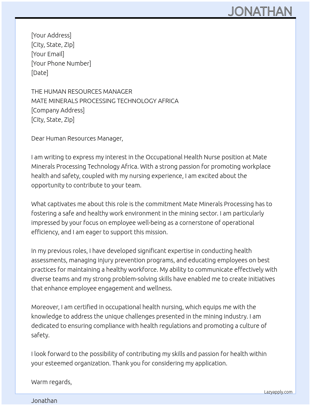 Occupational health nurse At MATE MINERALS PROCESSING TECHNOLOGY AFRICA  Cover Letter