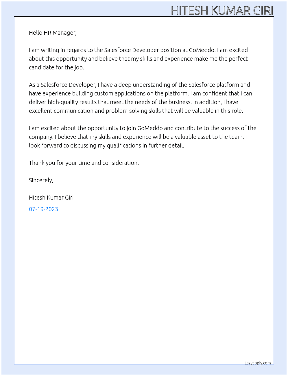 Salesforce Developer At GoMeddo Cover Letter