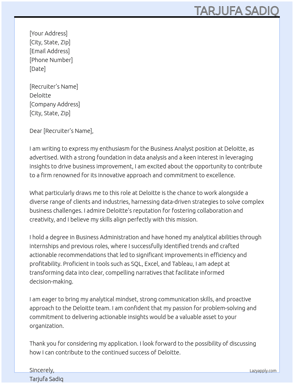business analyst At deloitte Cover Letter