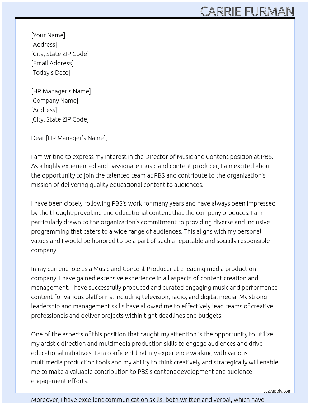 Director of Music and Content At PBS Cover Letter