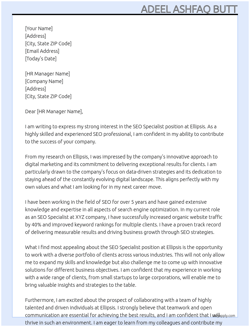 SEO Specialist At ellipsis Cover Letter