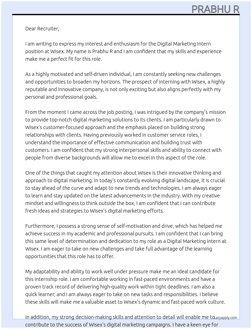 Digital Marketing Intern At Wisex Cover Letter