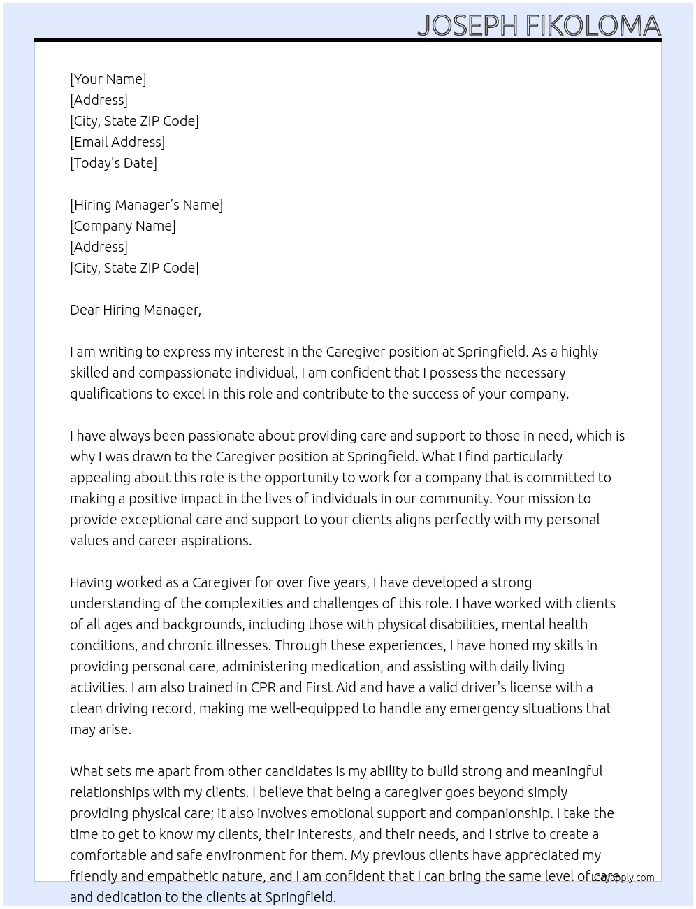 CAREGIVER At SPRINGFIELD Cover Letter