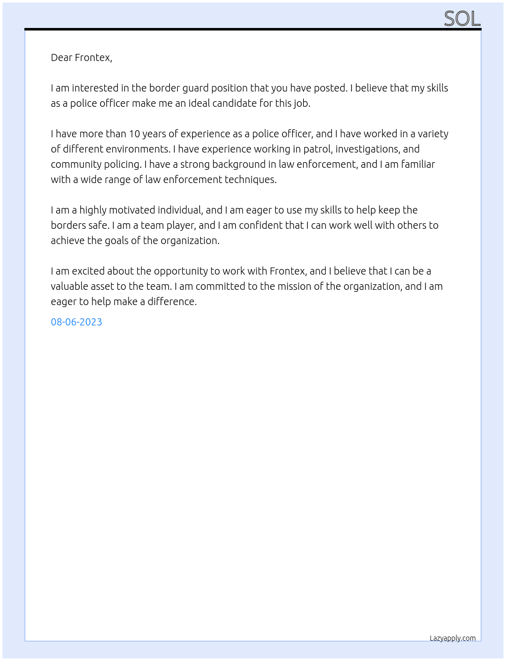 Border guard  At Fromtex Cover Letter