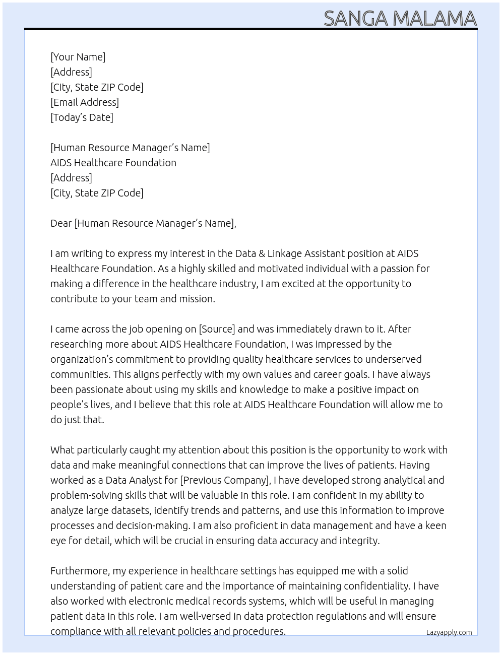 Data & Linkage Assistant At AIDS Healthcare Foundation Cover Letter
