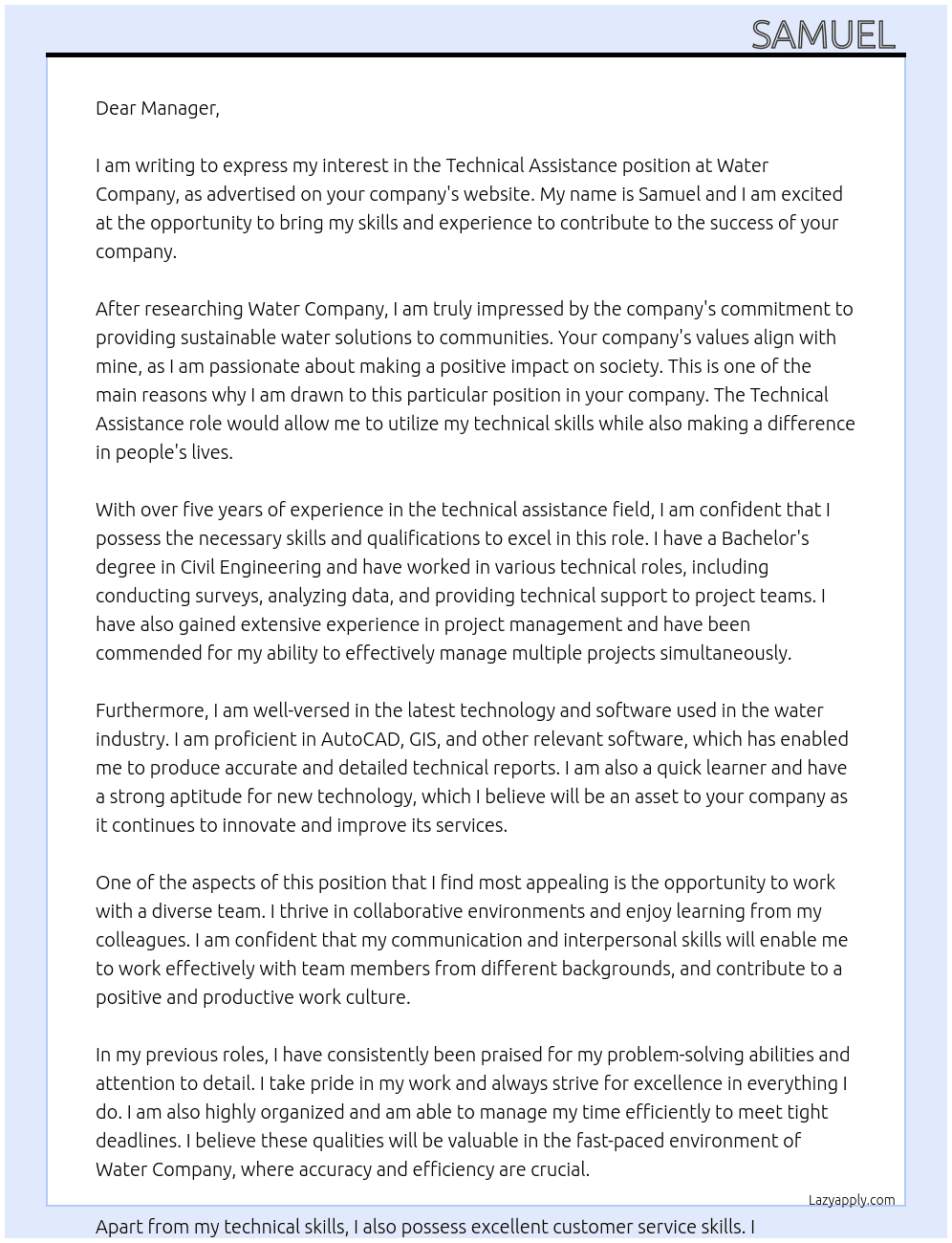 Technical assistance At Water company Cover Letter