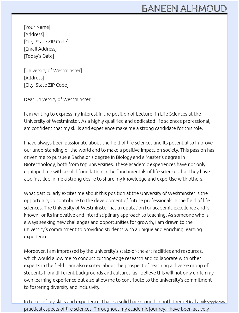 Lecturer Life sciences  At University of Westminster Cover Letter