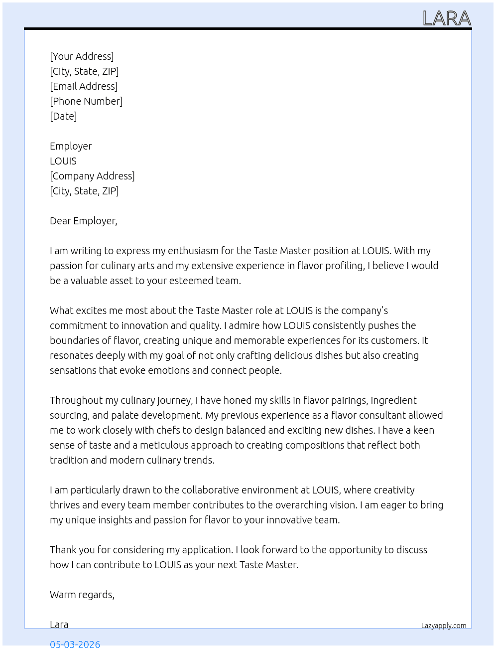 Taste Master At LOUIS Cover Letter