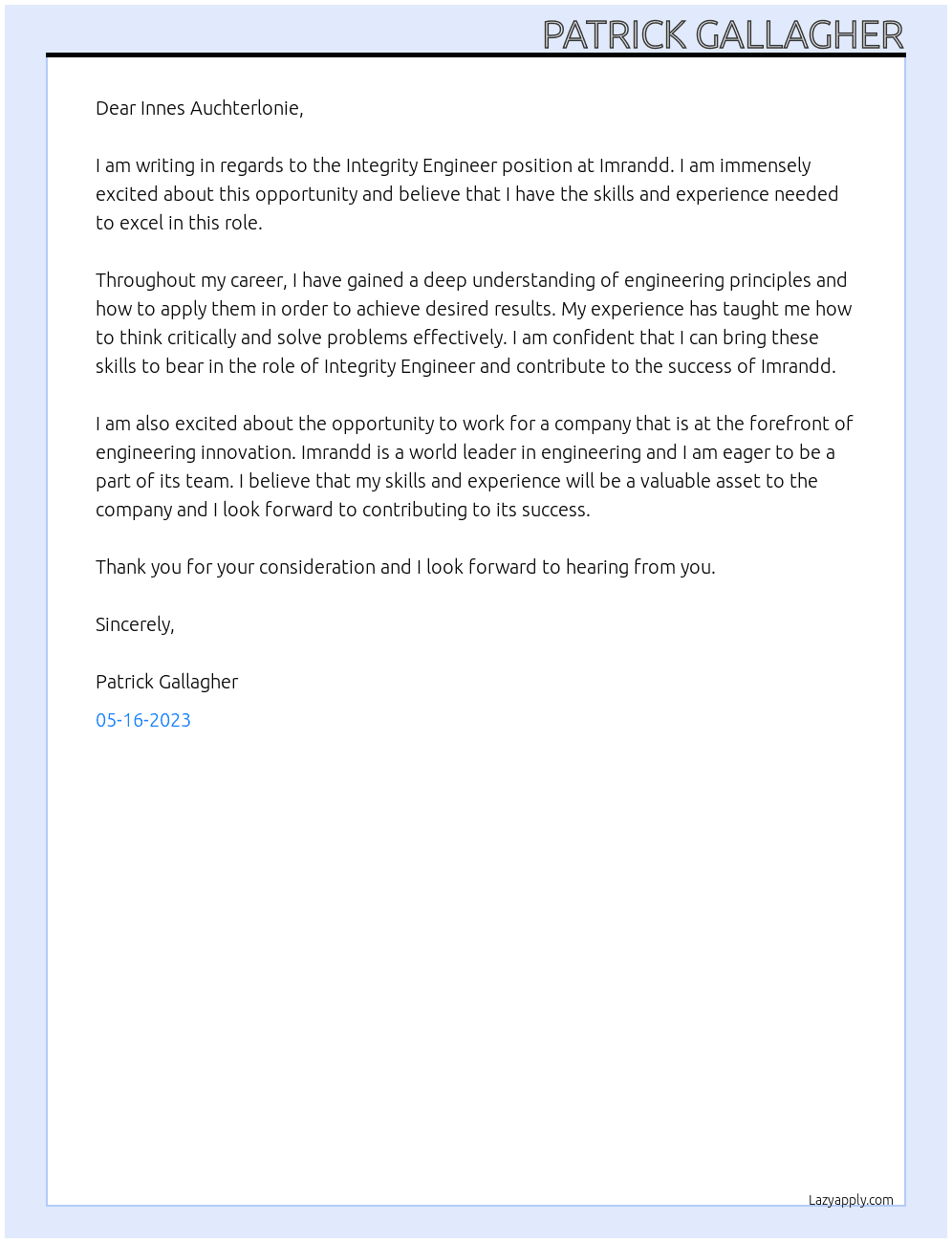 Integrity Engineer  At Imrandd  Cover Letter