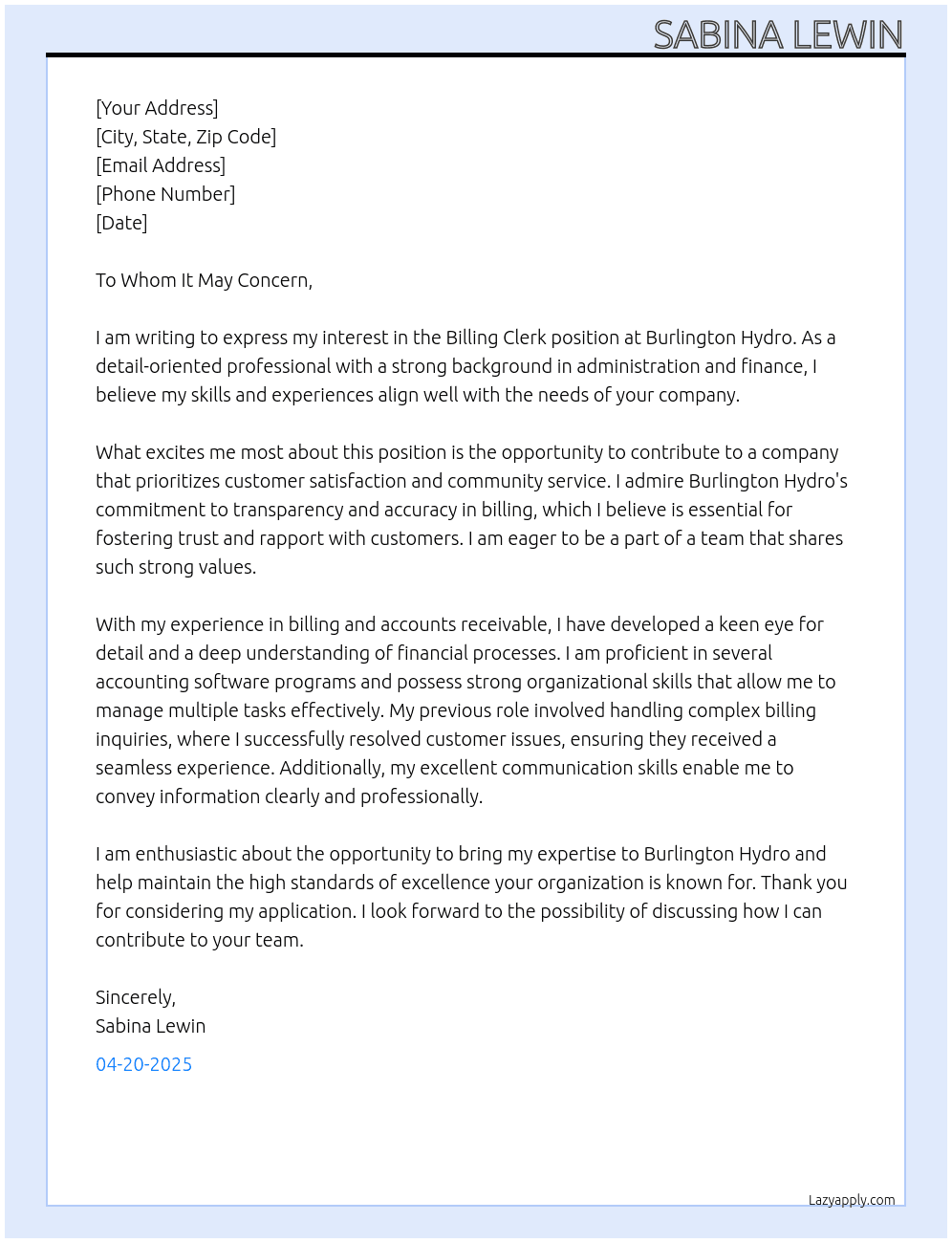 billing clerk At Burlington Hydro Cover Letter