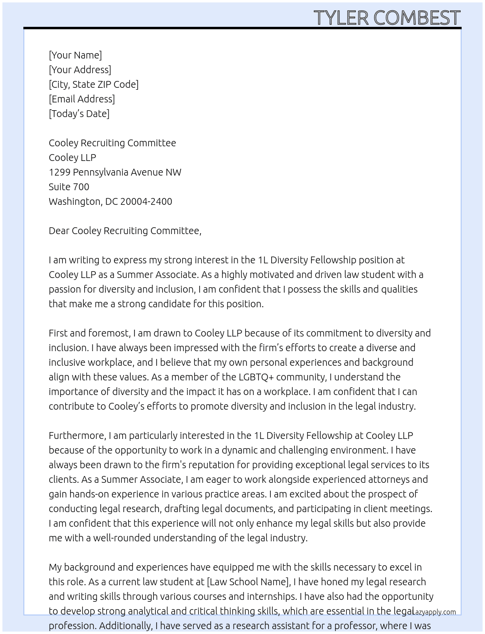 1L Diversity Fellowship At Cooley LLP Cover Letter