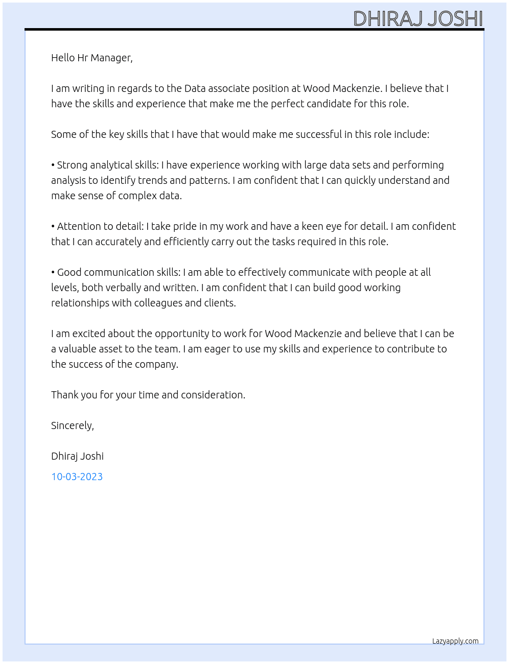 Data associate At Wood Mackenzie Cover Letter
