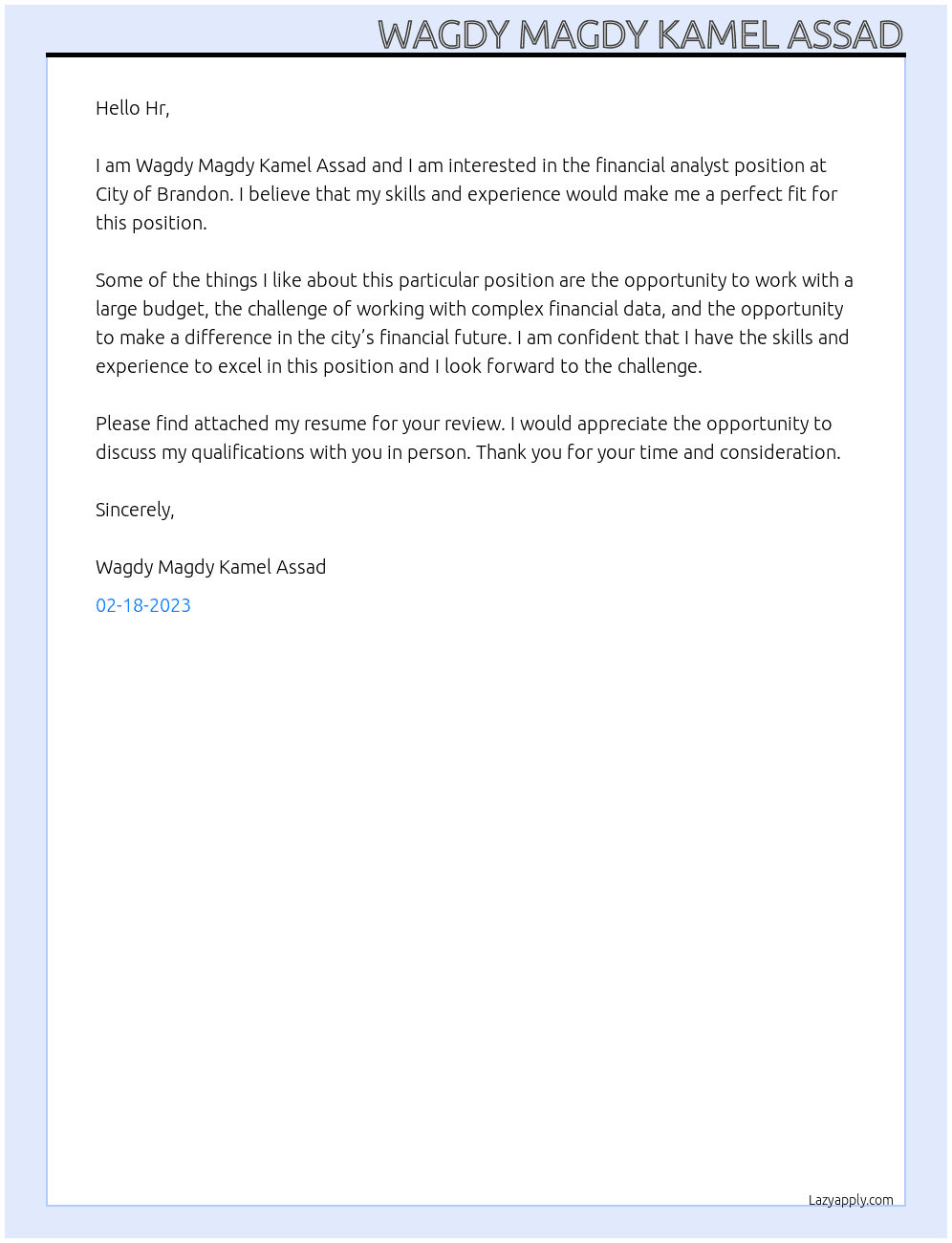 Financial Analyst At City of Brandon Cover Letter