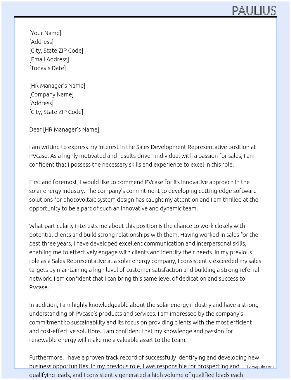 Sales Development Representative At PVcase Cover Letter