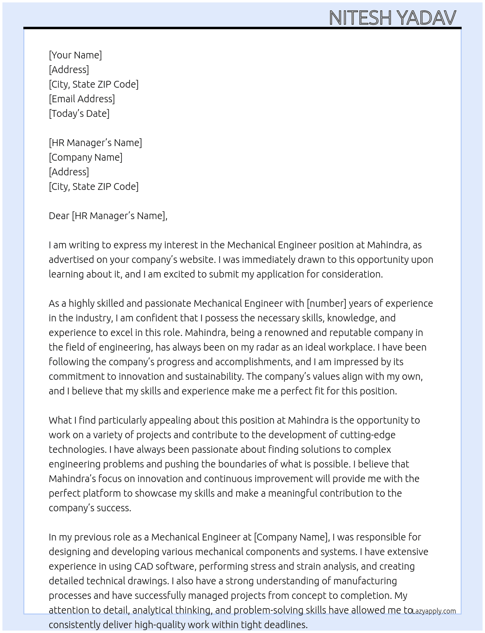 Mechanical Engineer  At Mahindra  Cover Letter